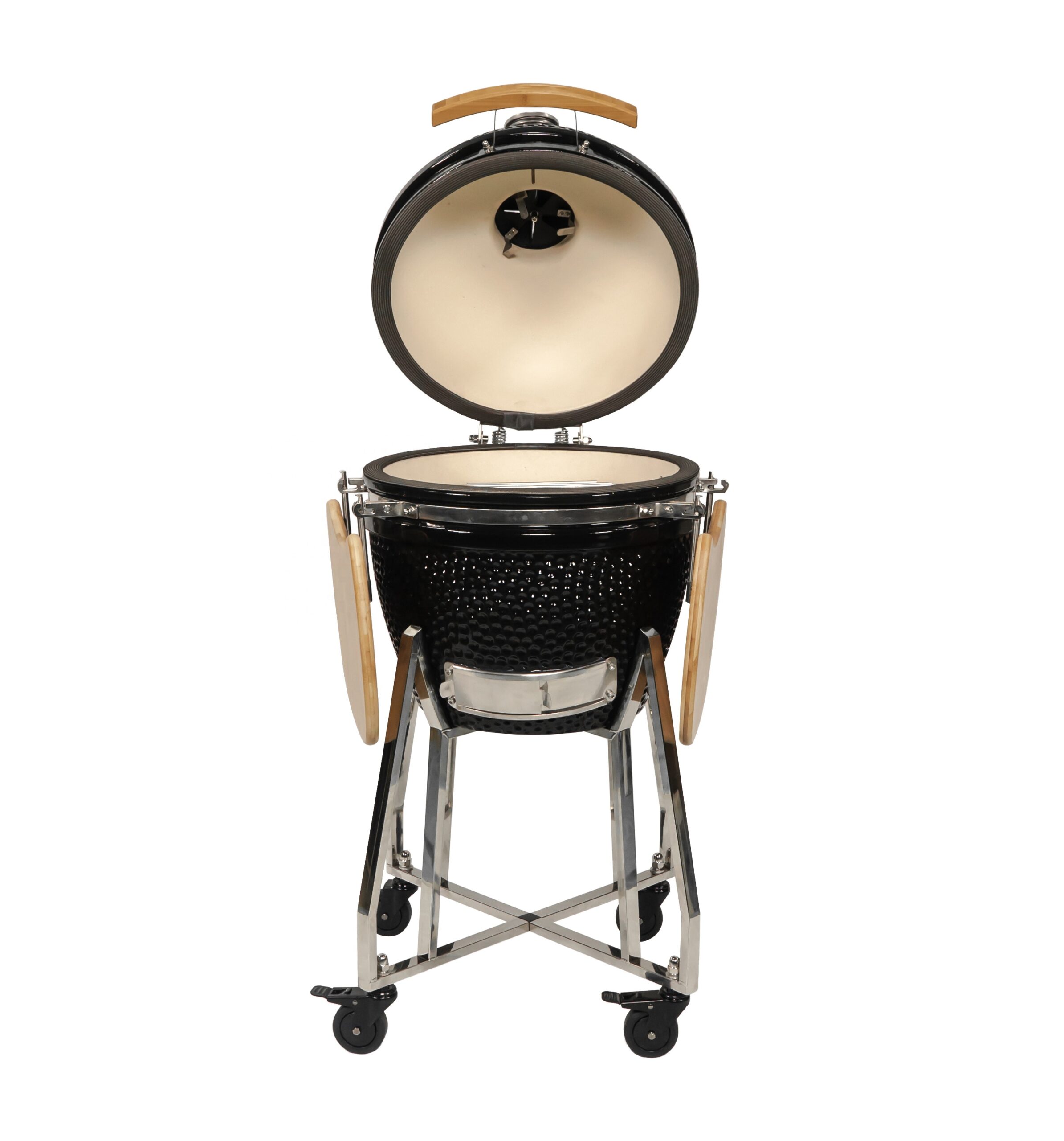 black kamado grill with stainless steel cart